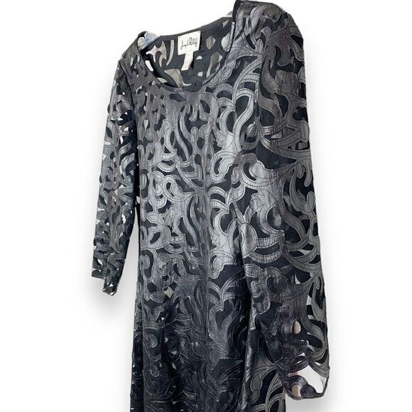 Joseph Ribkoff Vintage Mesh Faux Leather Appliqué Black Mini Swing Dress Size 8 - Picture 5 of 11